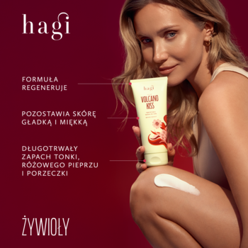 Regenerujący balsam Hagi Volcano Red w kremowej tubce na nogę kobiety, podkreślony tekstami o zapachu i wygładzaniu.