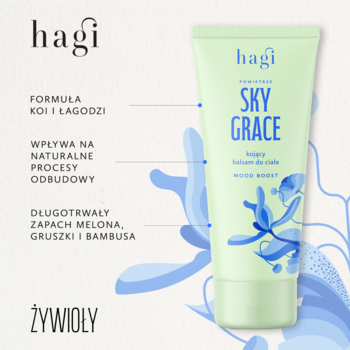 Jasnozielona tubka balsamu Hagi Sky Grace, widok z przodu. Koi skórę, nawilża, zapach melona, gruszki, bambusa.