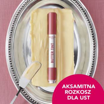 Bourjois Butter Tint, różowe masełko do ust i tint na kawałku masła na srebrnej tacy, widok z góry.