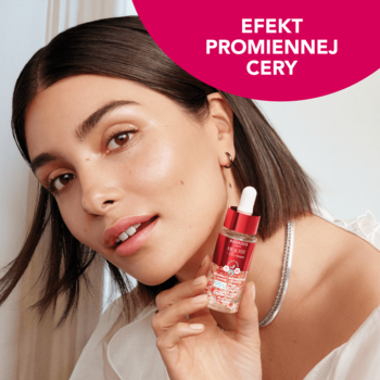 Kobieta z promienną cerą trzyma Bourjois Healthy Mix Serum Primer w butelce z dropperem. Napis "Efekt promiennej cery".