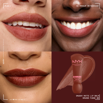 NYX Smushy Matte Lip Balm w odcieniach nude/brązu na ustach i produkt z aplikatorem.