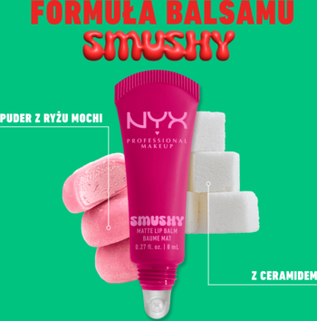 Zbliżenie na różowy balsam NYX Smushy Matte Lip Balm, z mochi i cukrem na zielonym tle, podkreślającym skład.