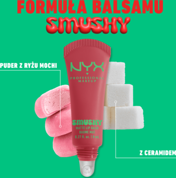 NYX Smushy Matte Lip Balm w różowej tubce na zielonym tle, z pudrem ryżowym mochi i ceramidami.