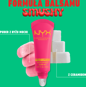 Różowy NYX Smushy Matte Lip Balm z silikonowym aplikatorem, otoczony mochi, ceramidami i cukrem na zielonym tle.