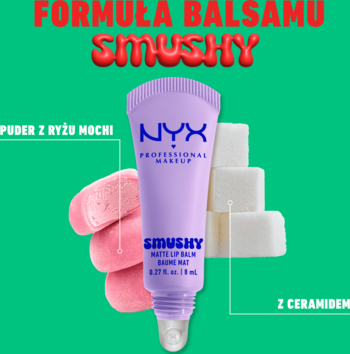 Zbliżenie na NYX Smushy Matte Lip Balm w fioletowej tubce z pudrem ryżowym i kostkami cukru na zielonym tle.