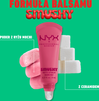 Różowy NYX Smushy Matte Lip Balm z pudrem z ryżu mochi i ceramidami, widok centralny na zielonym tle.