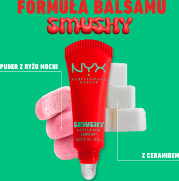 NYX Smushy Matte Lip Balm w czerwonej tubce z ryżem mochi i ceramidami na zielonym tle.