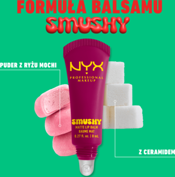 Różowy NYX Smushy Matte Lip Balm z pudrem z ryżu mochi i kostkami cukru (ceramidy) na zielonym tle.