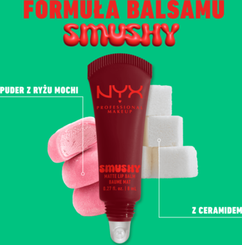 Czerwony NYX Smushy Matte Lip Balm. Obok widoczne składniki: różowy puder mochi i białe kostki cukru. Zielone tło.