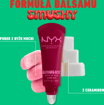 Czerwony NYX Smushy Matte Lip Balm z mochi i ceramidami. Zdjęcie ilustruje kluczowe składniki na zielonym tle.