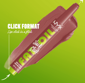 NYX Fat Oil Slick Click balsam Profile Pic w sztyfcie, widok z kąta na zielonym tle ze swatch'em, podkreślający klikanie.