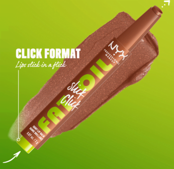 NYX Fat Oil Slick Click Feedworthy, brązowy balsam do ust z aplikatorem 'click', obok swatch na zielonym tle.