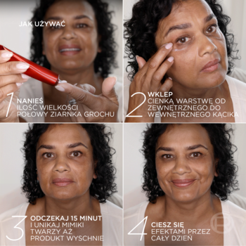 Kobieta stosuje L'Oréal Revitalift Laser Eye Bag Instant Eraser, krem pod oczy, pokazując instrukcję w 4 krokach.