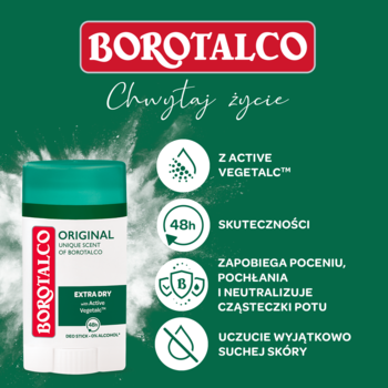 Biały antyperspirant Borotalco Original w sztyfcie, turkusowa nakrętka, 48h, Active Vegetalc, na zielonym tle.