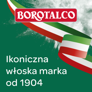 Reklama Borotalco na ciemnozielonym tle, logo, włoska flaga jako wstążka, tekst: 'Ikonincza włoska marka od 1904'.