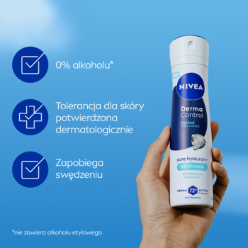 NIVEA Derma Control Defend antyperspirant w białym sprayu, trzymany w dłoni, na niebieskim tle z opisem cech.