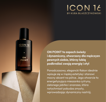 Energetyzująca woda perfumowana ICON16 On Point w ciemnej, eleganckiej butelce, widok pod kątem na postumencie.