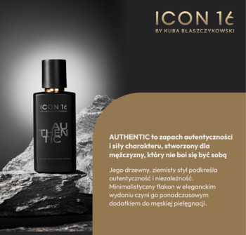 Męska woda perfumowana Authentic ICON16 w czarnej, prostokątnej butelce, na tle ciemnych, szorstkich skał.