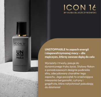 ICON 16 UNSTOPPABLE by Błaszczykowski, elegancka szara butelka z czarnym korkiem, widok z przodu.