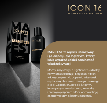 Męska woda perfumowana Manifest ICON16 w czarnej butelce i opakowaniu, na tle ciemnym i złotym gradientem.