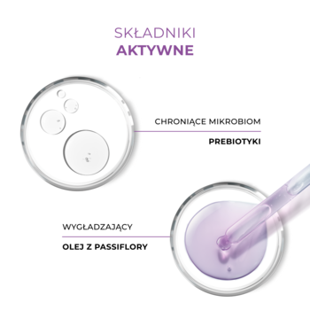 Grafika z prebiotykami i olejkiem z passiflory w naczyniach Petriego, aktywne składniki olejku do demakijażu AA.