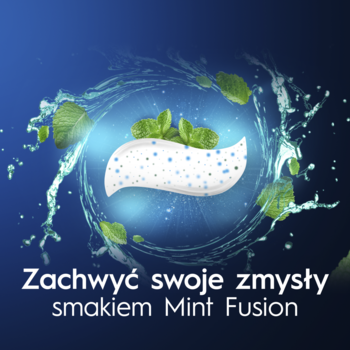 Oral-B Pro-3D White Clinical – abstrakcja: biała pasta z miętą, wodne fale, niebieskie tło. Odświeżający smak Mint Fusion.