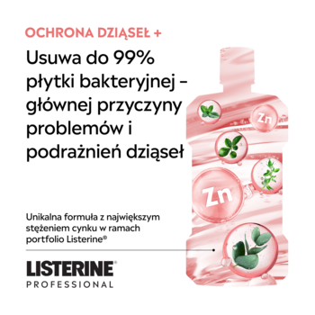 Listerine Professional Ochrona Dziąseł+, butelka z różowym płynem, usuwa 99% płytki, z cynkiem, zbliżenie.