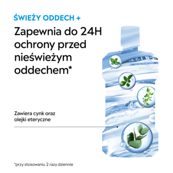 Grafika Listerine Świeży Oddech+ płyn do ust: butelka z tekstem o 24H ochronie, cynku i olejkach eterycznych.