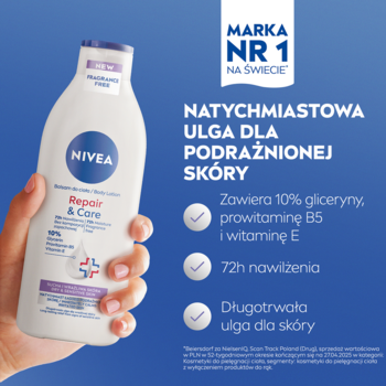 Balsam Nivea Repair & Care do skóry suchej, biała butelka z fioletowym akcentem, trzymany w dłoni.