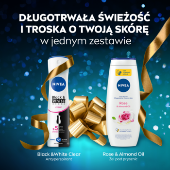 NIVEA Delicate zestaw prezentowy: żel Rose & Almond Oil i antyperspirant Black&White Clear, złota wstążka.
