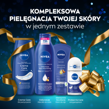Zestaw prezentowy NIVEA: żel pod prysznic, mleczko do ciała, krem do rąk i antyperspirant, ozdobione złotą wstążką.