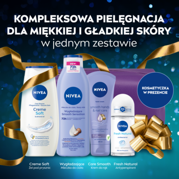 Zestaw prezentowy NIVEA BEAUTY COLLECTION: 4 fioletowe produkty do pielęgnacji i kosmetyczka na ciemnym tle.