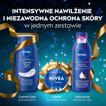 Zestaw NIVEA COZY CARE: żel, krem uniwersalny, mleczko do ciała. Intensywne nawilżenie i ochrona skóry, złota wstążka.