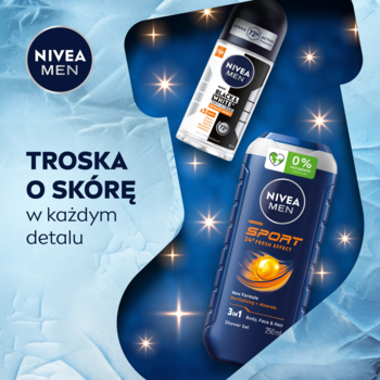 Zestaw NIVEA MEN GET ACTIVE: roll-on Black & White i żel SPORT 3w1, w błękitnej, migoczącej skarpecie świątecznej.