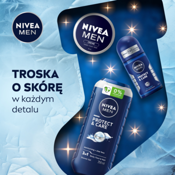 NIVEA MEN Protect & Care: żel pod prysznic i antyperspirant na tle niebieskiej świątecznej skarpety.