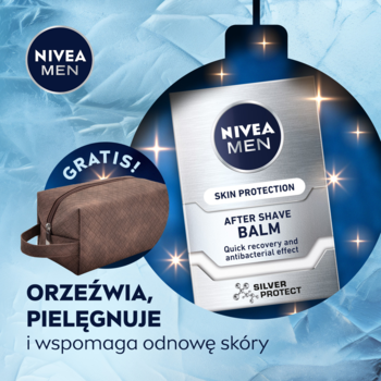 Zestaw NIVEA MEN: Balsam po goleniu Silver Protect w saszetce i brązowa kosmetyczka GRATIS na świątecznym tle.