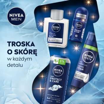 NIVEA MEN zestaw do pielęgnacji skóry: żele pod prysznic, antyperspirant i balsam po goleniu, na niebieskim, zimowym tle z gwiazdkami, widok z góry.