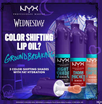 NYX Wednesday Color Shifting Lip Oil. Trzy fioletowe, świecowe butelki z aplikatorem. Zmieniający kolor i nawilżający.