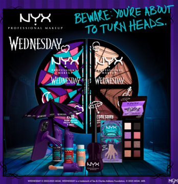 NYX Wednesday fioletowa parasolka do telefonu, do selfie, chroniąca ekran, w pełnej kolekcji makijażu.