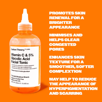 Carbon Theory Vitamin C & 5% Glycolic Acid Tonic. Pomarańczowa butelka z białą etykietą, korzyści na tle pomarańczowym.