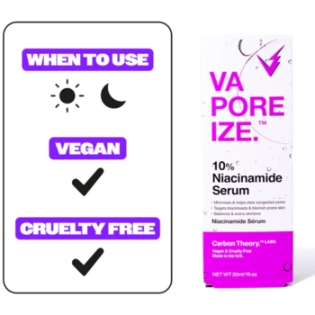 Carbon Theory VaPOREize 10% Niacinamide Serum, wegańskie. Front opakowania i panel z ikonami użycia.