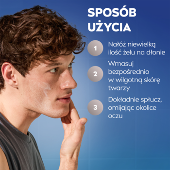 Mężczyzna używa NIVEA MEN Hydro Care Żelu do mycia twarzy; na niebieskim tle 3 kroki użycia produktu.