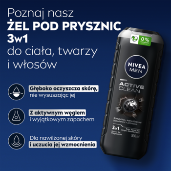 Żel pod prysznic NIVEA MEN Active Clean 3w1 z węglem do ciała, twarzy i włosów, czarna butelka na ciemnym tle.