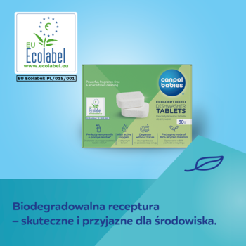 Canpol babies ekocertyfikowane tabletki do zmywarki, zielono-niebieskie opakowanie z logo EU Ecolabel, widok z przodu.