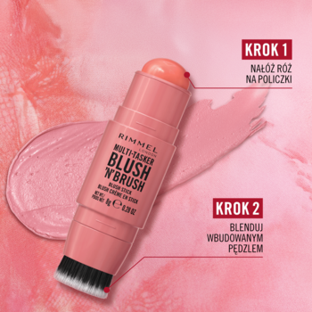 Widok z góry na róż Rimmel Blush'N'Brush Cherry On Point, w sztyfcie z pędzlem, na tle różowego swatha.