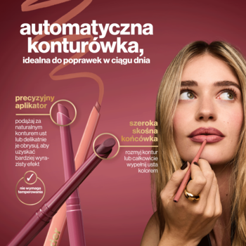 Kobieta używa automatycznej konturówki Max Factor 2000 Calorie Lip Shader. Widoczne dwa odcienie i precyzyjna końcówka.