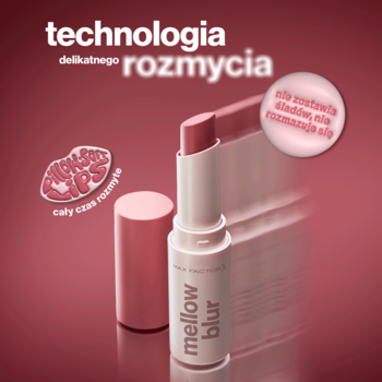 Kremowa pomadka Max Factor Mellow Blur Brushed Berry, otwarta na rozmytym różowym tle.