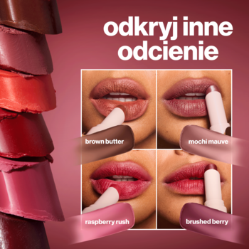 Max Factor Mellow Blur Raspberry Rush pomadka wygładzająca. Stos szminek i 4 ujęcia ust testujących odcienie.