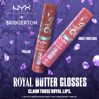 Dwa błyszczyki NYX x Bridgerton Royal Butter Gloss: brązowy Praline i różowy Angel Food Cake, na purpurowym tle.