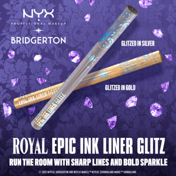 NYX Bridgerton Royal Epic Ink Liner Glitz: silver & gold glitter eyeliners crossed on purple, "Glitzed in Silver" & "Glitzed in Gold" visible.